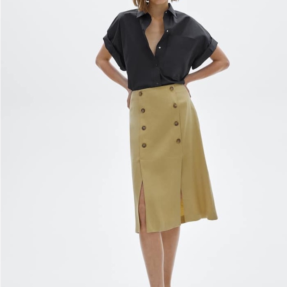 Massimo Dutti Linen Midi Skirt in Tan
